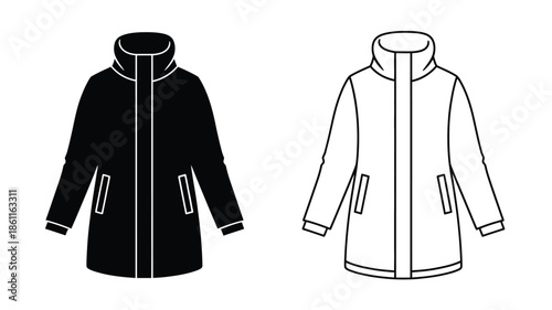 Two winter coat designs a black and white technical illustration silhouette