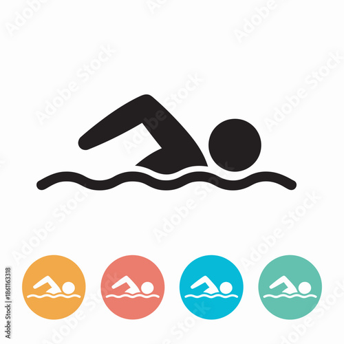 Set of colorful swimmer icons representing aquatic activities and fitness with various design options
