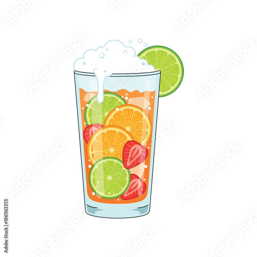 An illustration of a glass filled with orange juice, strawberries, and limes on a white background