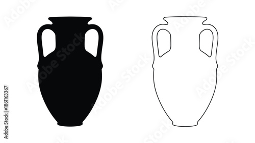 Ancient pottery vessels a black silhouette and a line drawing