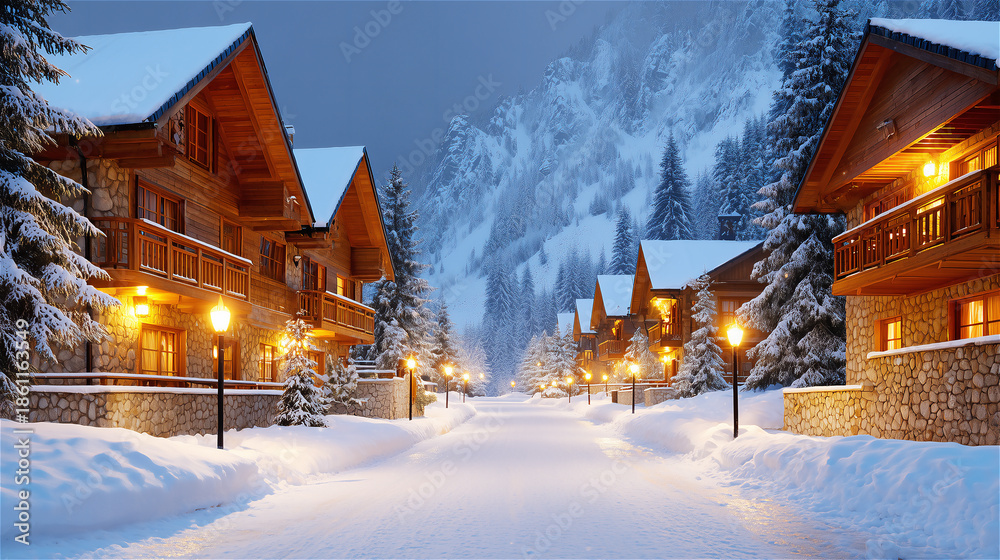 Fototapeta premium Cozy alpine village street covered in fresh snow with warm chalet lights and mountains, winter travel destination and holiday atmosphere, peaceful evening scene background, copy space.