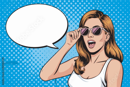Vibrant comic pop art illustration of surprised woman wearing sunglasses with speech bubble, perfect for modern graphic design projects