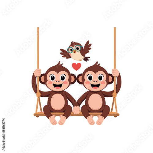 Two playful monkeys on a swing with an owl and a heart