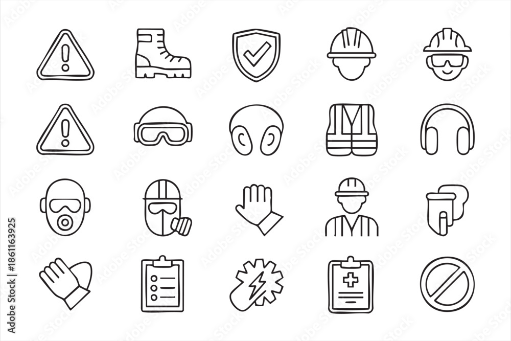 Fototapeta premium PPE and Hazard Warning Icons for Workplace Safety Programs