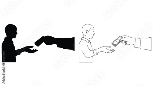 Exchange of money between two people depicted in a striking silhouette