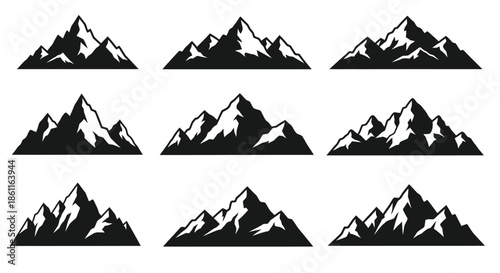 Nine mountain peak designs in a striking black and white silhouette
