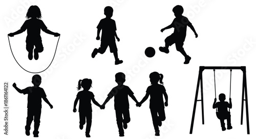 Children playing outdoors jumping rope soccer and swinging a delightful silhouette