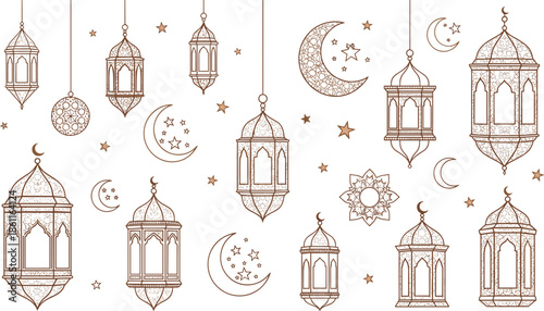 Assortment of Islamic lanterns moons and stars in brown line art on white crescent moon