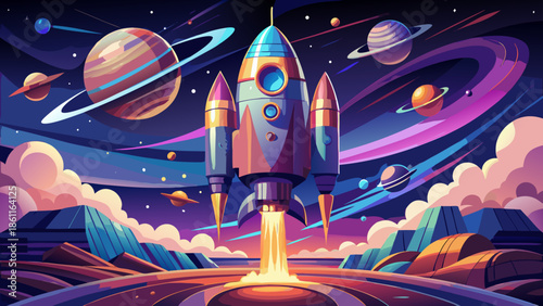 Very beautiful unreal rocket design with exaggerated fins and impossible balance, hovering in a stylized cosmic environment, expressing creativity, simplicity, and a playful vision of futuristic space
