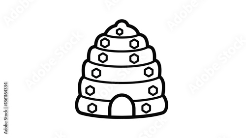 Stylized drawing of a tiered temple structure black and white silhouette