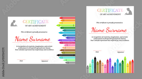 Colorful certificate with red, blue, green, and yellow crayons; includes both portrait and landscape versions