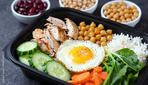 nutritious, well-balanced meal in a black compartmentalized container, created with generative ai