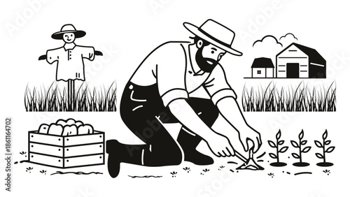 Farmer Planting Seedlings on Farm Field Vector Silhouette Illustration