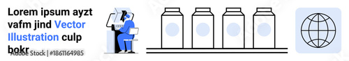 Technology integration, automation, digital transformation, global supply chain, factory monitoring, data systems. Person interacting with a system monitor, assembly line globe icon. Automation