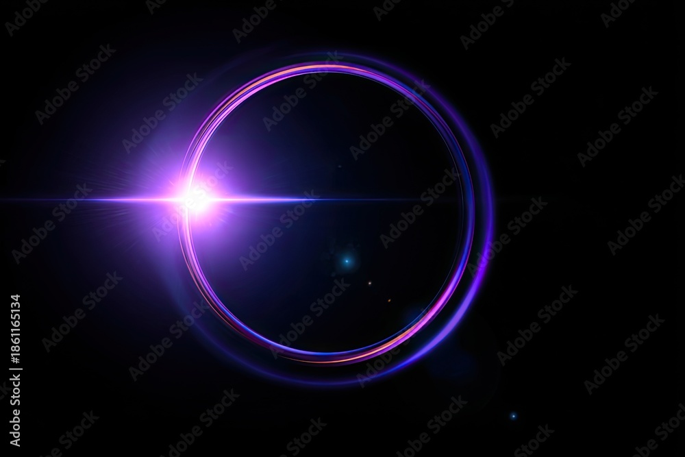 Obraz premium A vibrant, purple-hued lens flare creates a glowing ring on a deep black backdrop