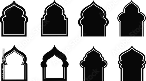 Collection of Islamic arch window silhouettes on white background Keywords: Islamic arch, window silhouette, architectural