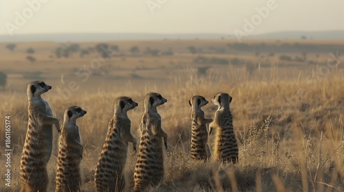 Meerkats standing guard in the african savanna wildlife photography animal behavior meerkat family alert nature scene