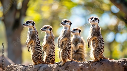 Group of meerkats standing guard on rock formation wildlife photography animal kingdom nature scene sunny day
