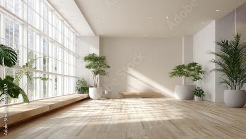 Wallpaper Mural Spacious, light-filled interior with wooden floors, large windows, and potted plants Torontodigital.ca