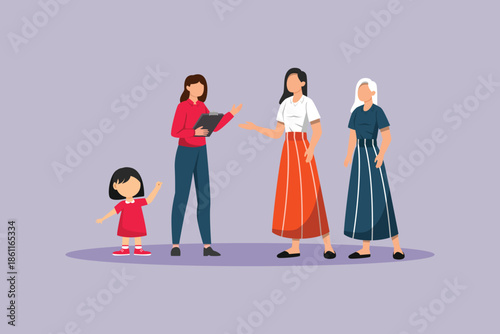 Stages of growth in women from childhood to old age. Growing family life stage Concept. Colored flat vector illustration isolated