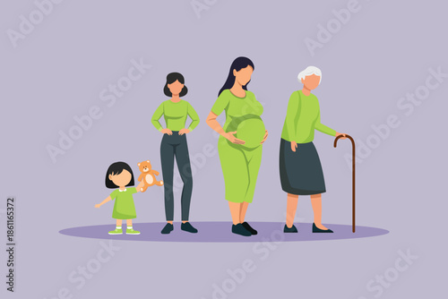 Stages of growth in women. Growing family life stage Concept. Colored flat vector illustration isolated
