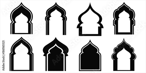 Eight Black Silhouette Islamic Archways and Window Frames on White Background Arabic