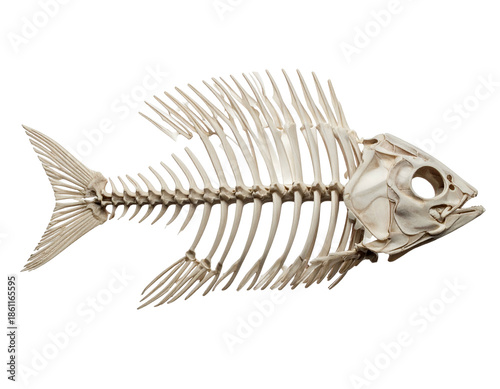 Isolated close-up of a fish skeleton on a black background