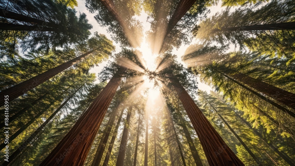 Obraz premium Sunlight shining through towering trees reaching towards sky