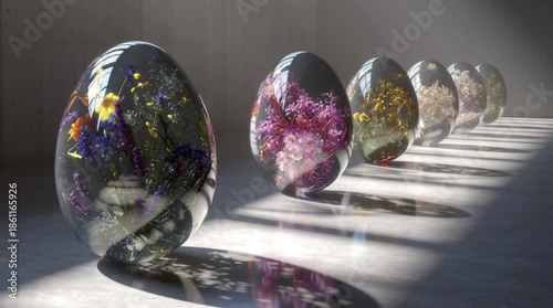 Row of Transparent Glass Eggs Filled with Flowers in Sunlit Minimalist Space – Looping Video