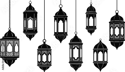 Set of Black Silhouette Islamic Lanterns Hanging on White Background Arabic Ramadan