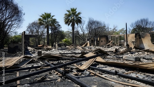 Destroyed house ruins after wildfire with palm trees and blue sky destruction
