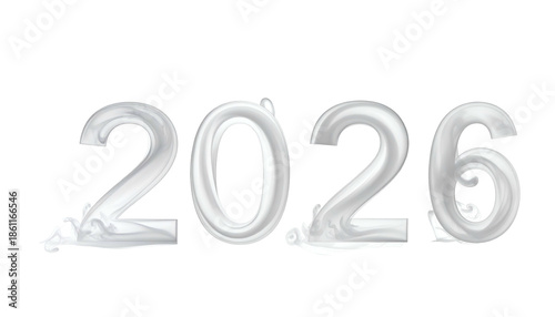 The year 2026, rendered in a shiny, liquid-like, silver font