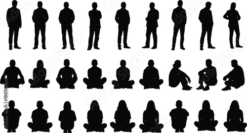 Silhouettes of diverse people standing and sitting in various postures, illustrating human body language, meditation, relaxation, and lifestyle concepts