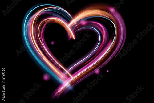 Illuminated heart shape formed by swirling light trails of various vibrant colors against a black backdrop