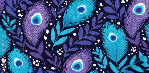 colorful peacock feathers and leaves pattern