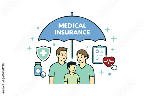 medical insurance concept with family protected by umbrella