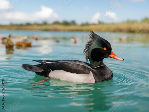 Red-breasted merganser floating in water