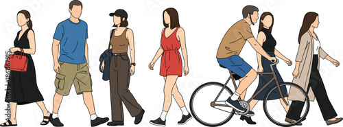 Urban lifestyle, summer fashion, walking people, casual outfits, street scene, diverse individuals, bicycle ride, city life, outdoor activity, public interaction