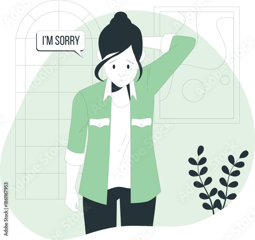 A woman apologizing with a gesture of regret in an indoor setting with plants nearby