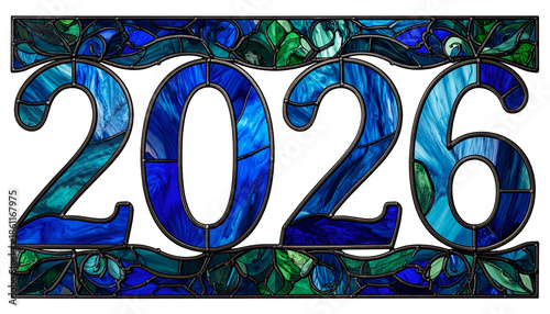 Year 2026 displayed in a stained glass style with blue and green colors