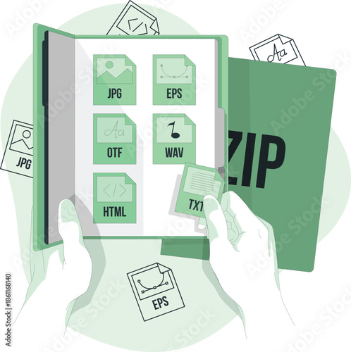 Hands holding a digital tablet displaying various file types being compressed into a zip folder