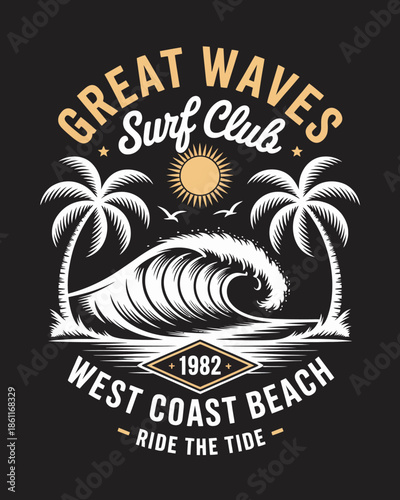Vintage surf club graphic featuring palm trees and wave on black background, perfect for summer and beach-themed designs