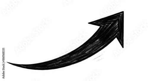 Black chalk drawn upward curving arrow with white outline isolated on a transparent background