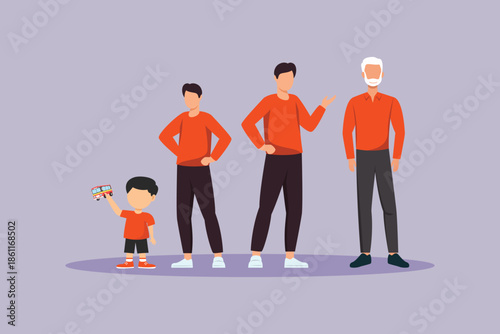 Stages of growth in men from childhood to old age. Growing family life stage Concept. Colored flat vector illustration isolated