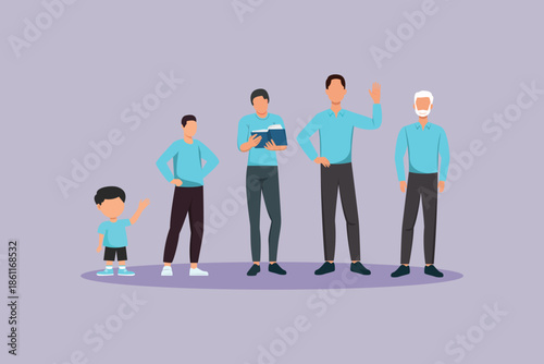 Stages of the growth process of age and physical appearance of men in blue clothes. Growing family life stage Concept. Colored flat vector illustration isolated