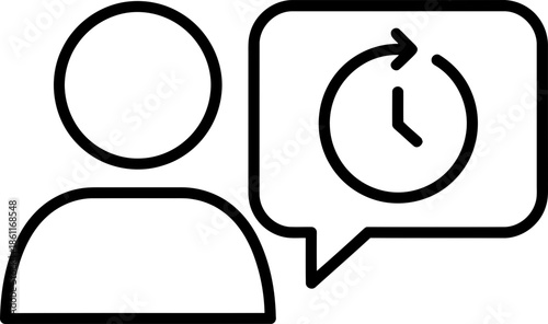 Person icon with speech bubble and clock symbol representing past activity, history, or time management concept. Simple black outline vector illustration