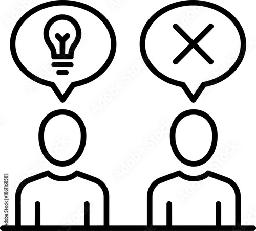 Two people thinking, one has a good idea with a lightbulb, the other has a bad idea with an X symbol in speech bubbles. Brainstorming, problem solving, decision making concept. Vector icon