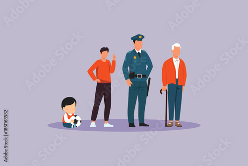 The process of changes in age and body shape of man from childhood to old age. Growing family life stage Concept. Colored flat vector illustration isolated