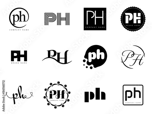 PH logo company template. Letter p and h logotype. Set different classic serif lettering and modern bold text with design elements. Initial font typography.
