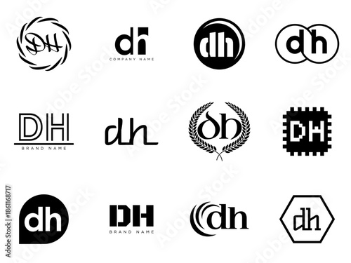 DH logo company template. Letter d and h logotype. Set different classic serif lettering and modern bold text with design elements. Initial font typography.